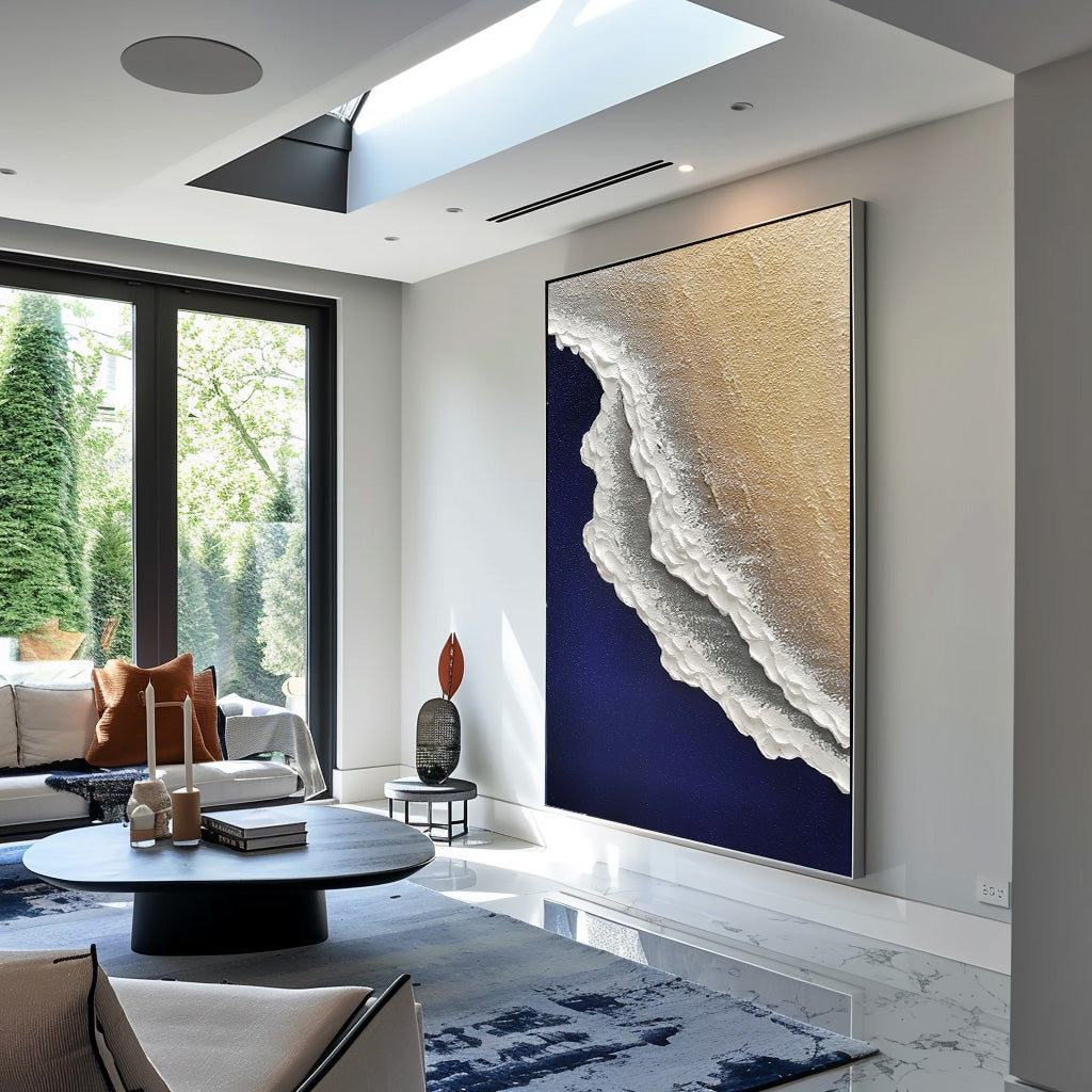 Minimalist Blue Ocean Painting Large Blue Ocean Wall Art Blue Sea Wave Textured Wall Art White Ocean Wave Painting