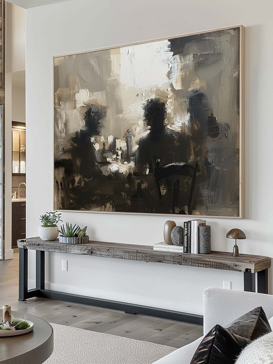 Vintage Neutral Beige and Black Oil Painting Original Abstract Canvas Painting Minimalist Black and Beige Textured Painting