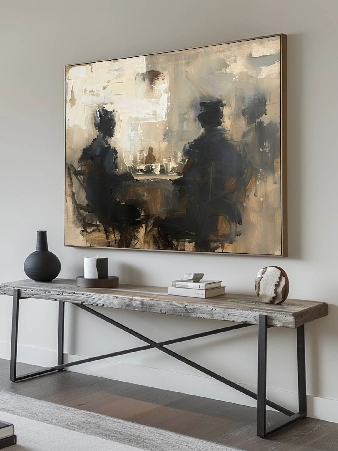 Retro Large Abstract Wall Art Large Minimalist Black And Beige Artwork Black And Beige Textured Canvas Painting