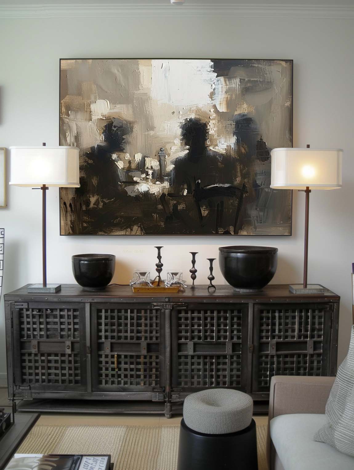 Vintage Neutral Beige and Black Oil Painting Original Abstract Canvas Painting Minimalist Black and Beige Textured Painting