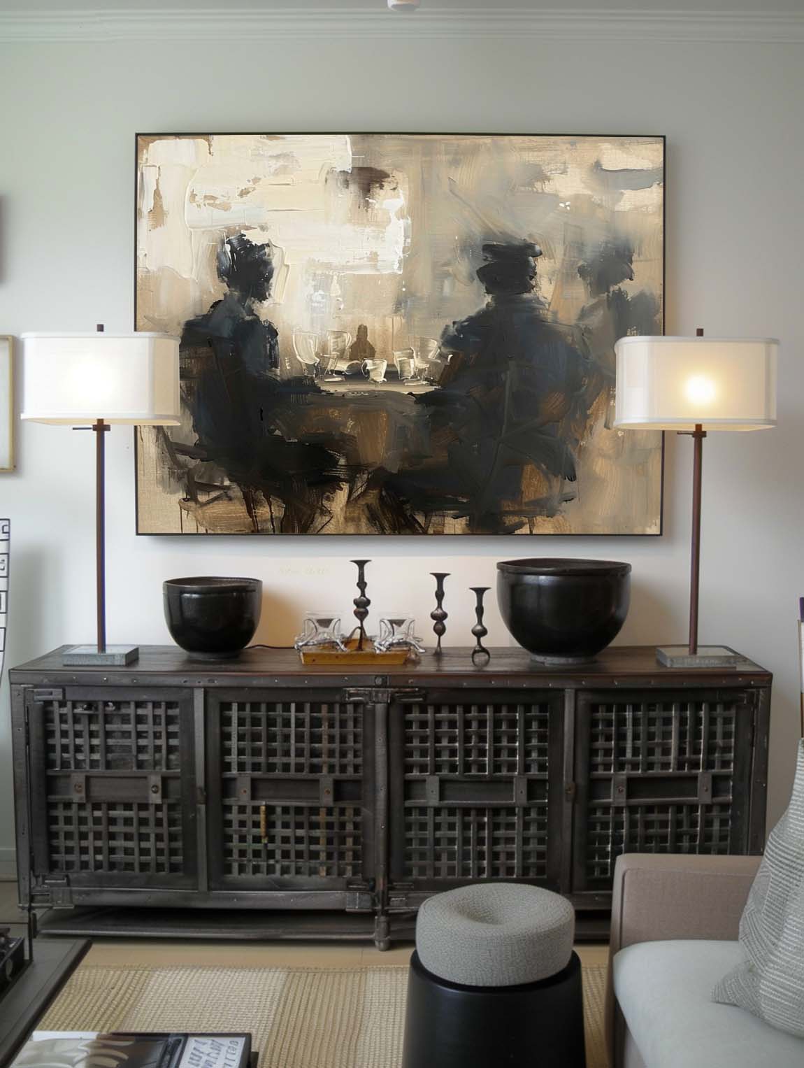 Retro Large Abstract Wall Art Large Minimalist Black And Beige Artwork Black And Beige Textured Canvas Painting