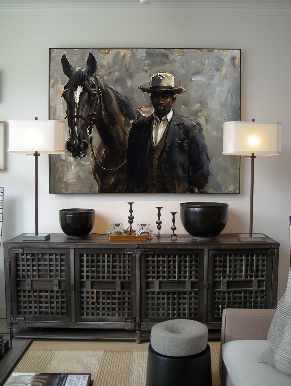 Vintage Western Cowboy Portrait Painting Large Black Textured Acrylic Horse Painting Rustic Neutral Canvas Artwork