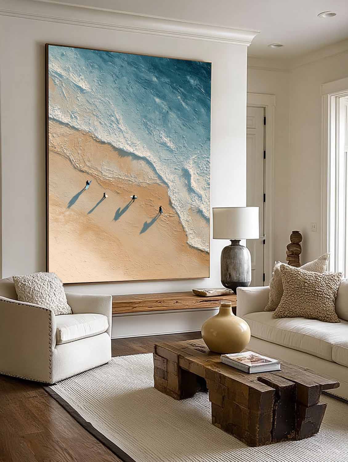 Large Abstract Coastal Scene in Beige and Blue Large Minimalist Surfing Canvas Neutral Brown and Blue Seascape Painting