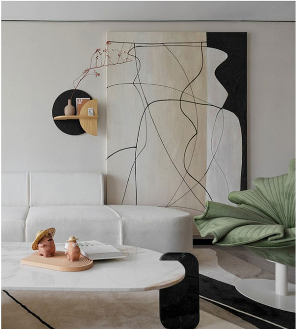 Simple minimalist black and white line art painting modern minimal line painting for living room