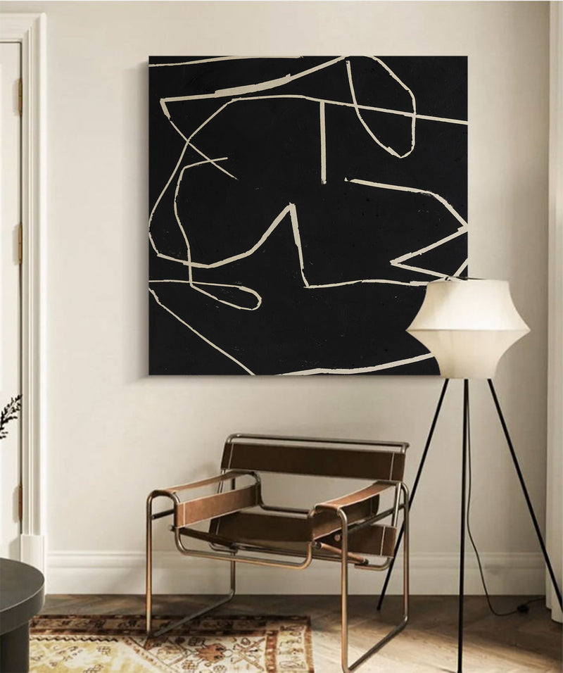 large beige black minimalist line wall art framed minimalist canvas painting acrylic