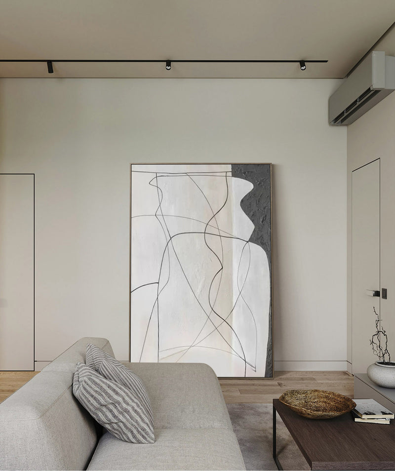 Simple minimalist black and white line art painting modern minimal line painting for living room