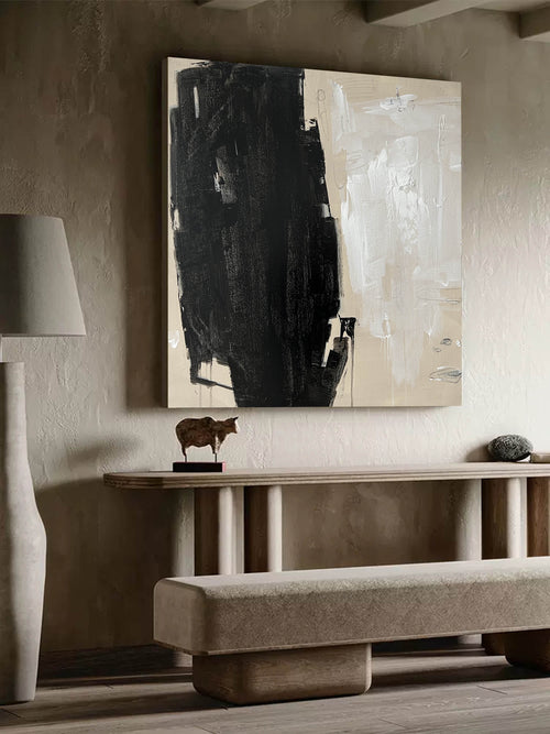 Large Abstract Minimalist Painting Black White And Beige Minimal Canvas ...