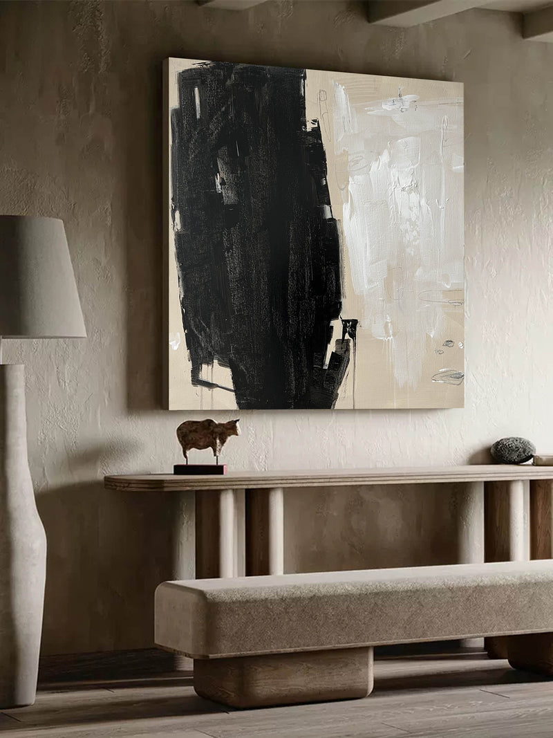 large abstract minimalist painting black white and beige minimal canvas art japanese minimalist painting