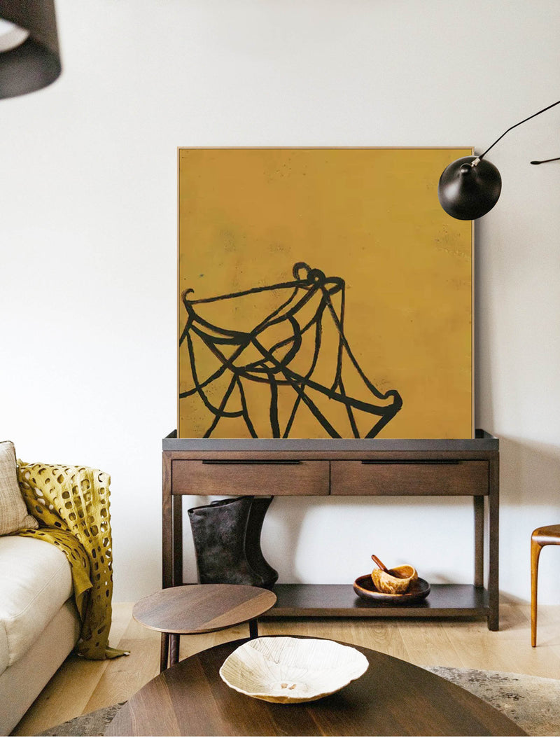 acrylic minimalist abstract line art black and yellow for living room