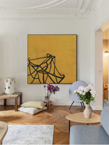 acrylic minimalist abstract line art black and yellow for living room
