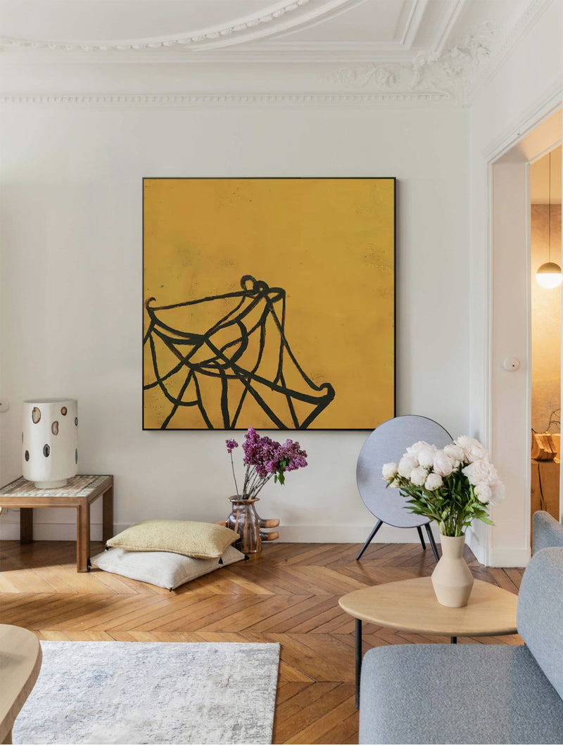 acrylic minimalist abstract line art black and yellow for living room