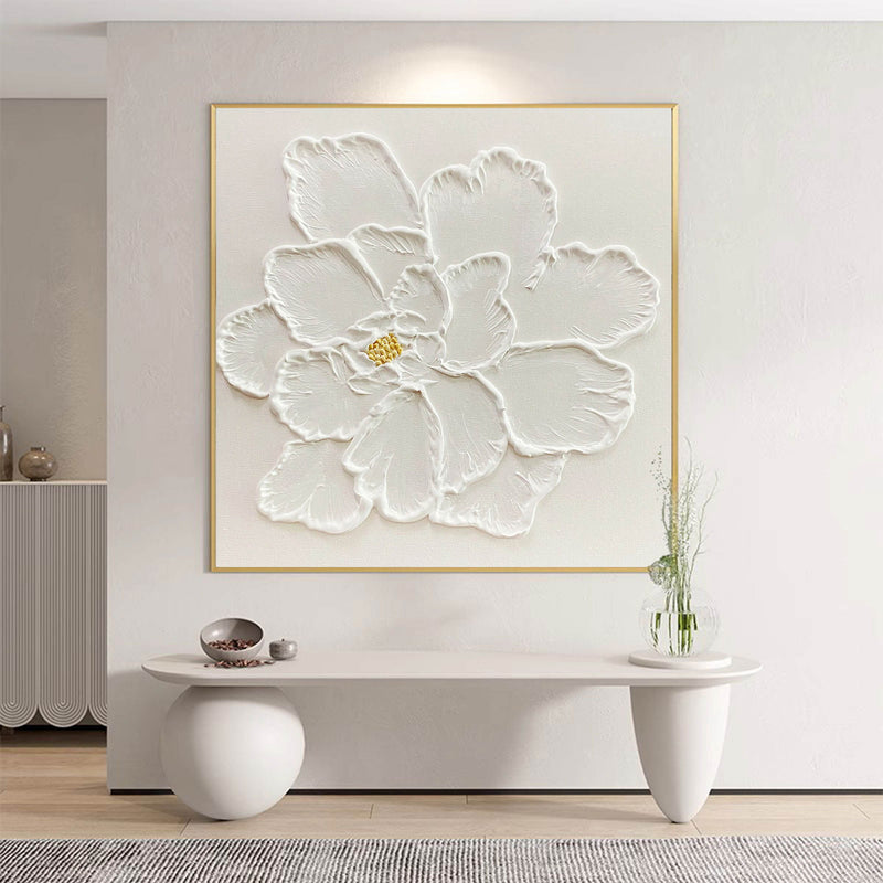 3D white flower minimalist painting acrylic textured minimal flower art for living room
