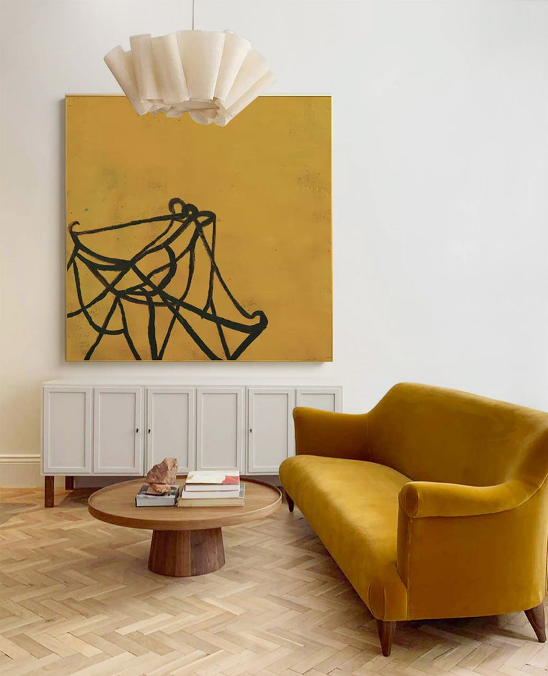 acrylic minimalist abstract line art black and yellow for living room