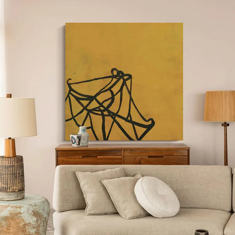 acrylic minimalist abstract line art black and yellow for living room