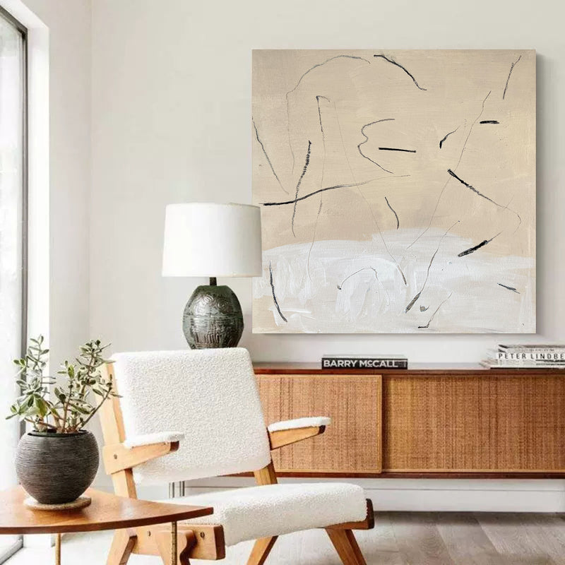 abstract minimalist line art framed beige minimalist painting acrylic contemporary minimalist painting
