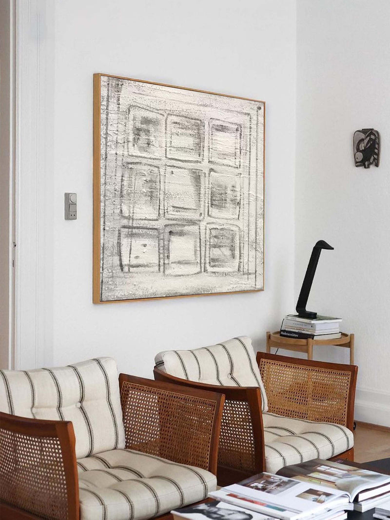 grey and white minimalist geometric abstract painting on canvas for living room