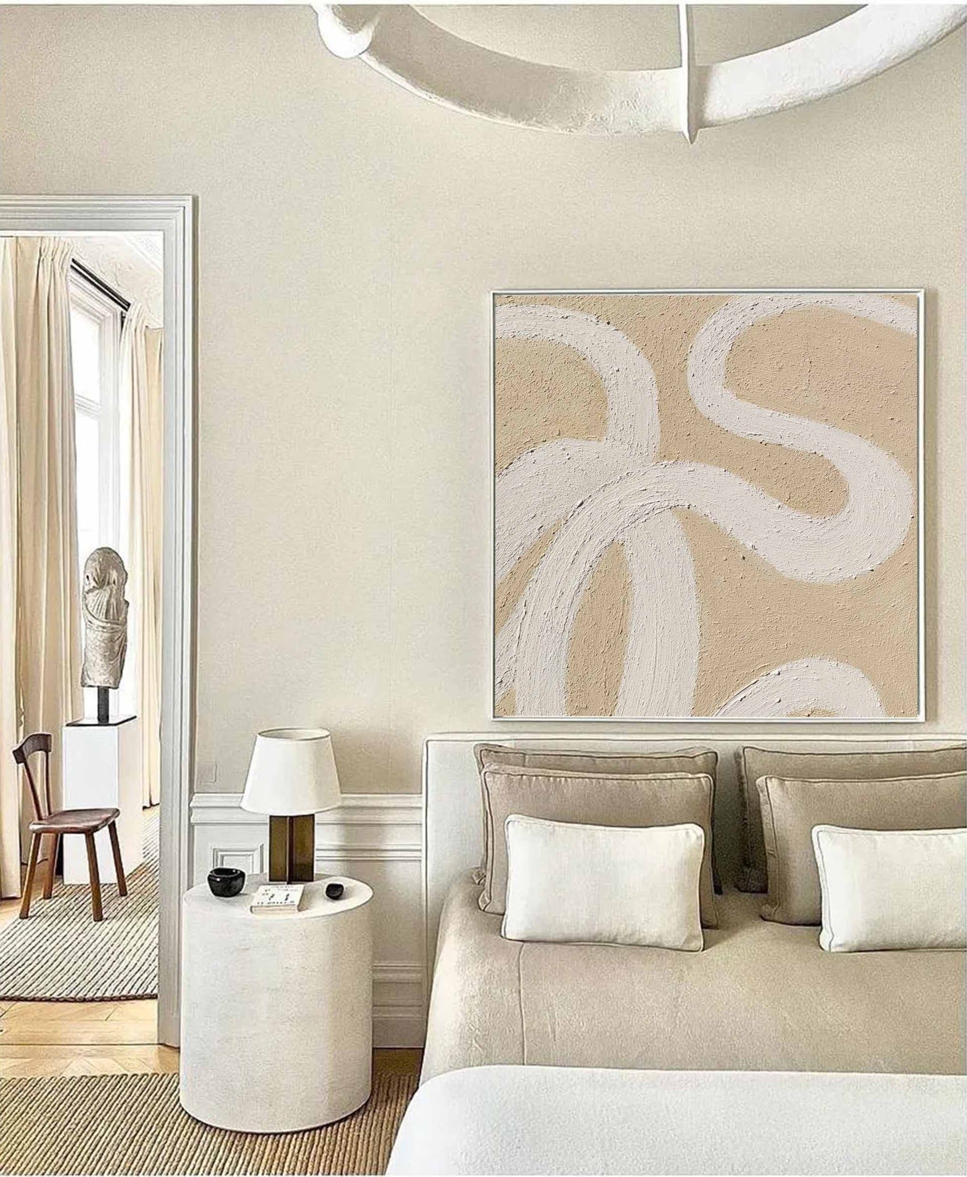 framed square beige and white canvas painting minimalist simple minimalist line art 