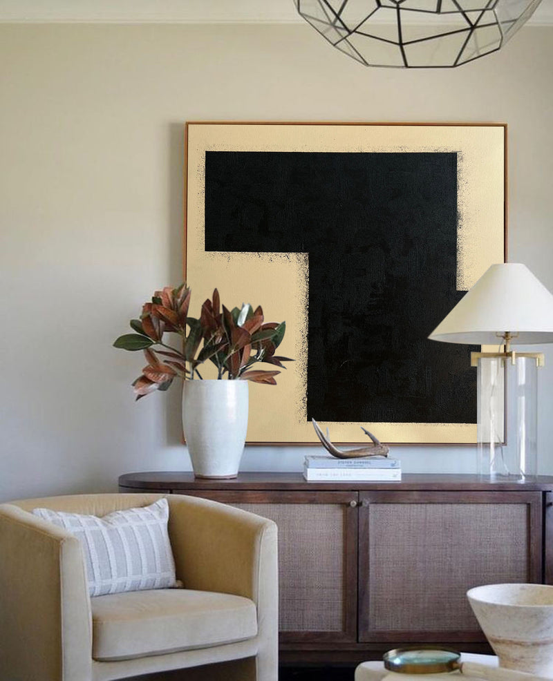 Minimalist black and beige canvas painting large acrylic framed for living room