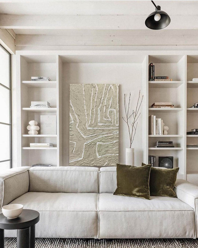Large white and beige minimalist line art framed texture minimalist modern painting wall decor